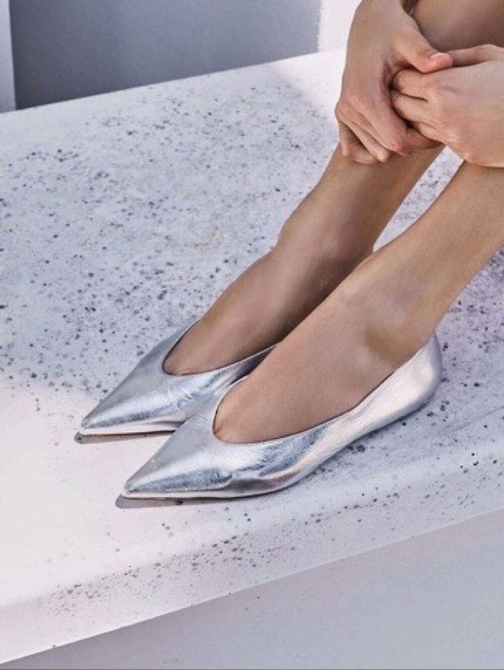 Stuart Weitzman Lina Metallic Silver Pointed-Toe Flats